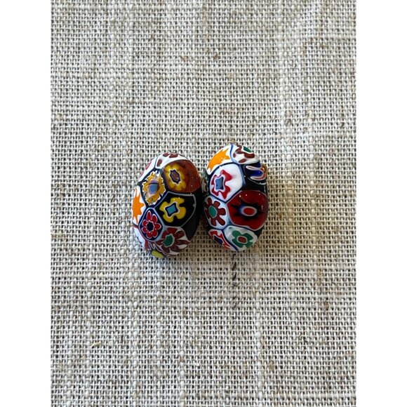 Vintage Millefiori Clip-On Earrings With Colorful Floral Glass Design - Picture 11 of 13